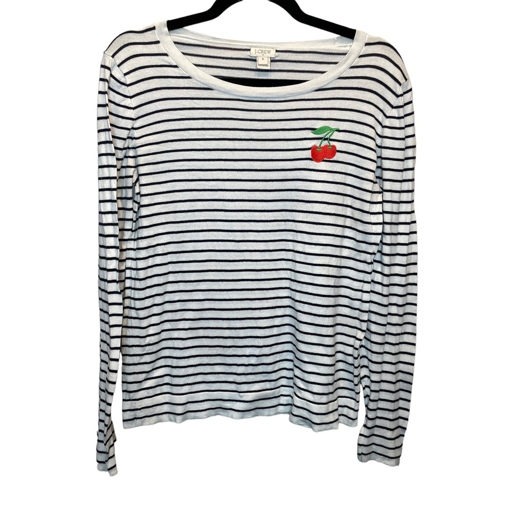 J.Crew Factory Stripes White & Dark Navy Sweater with Embroidered Cherry Medium